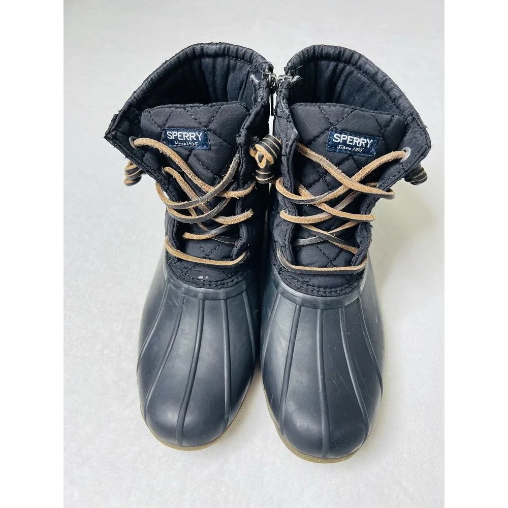 Sperry Top Sider Saltwater Duck Kids Girls Rain Black Ankle Lace Up Zip Boots 4M